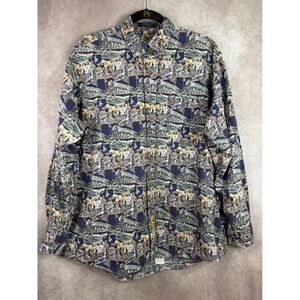 BD Baggies Button Down Shirt Men Large Navy Locomotive Steam Engine Train Print